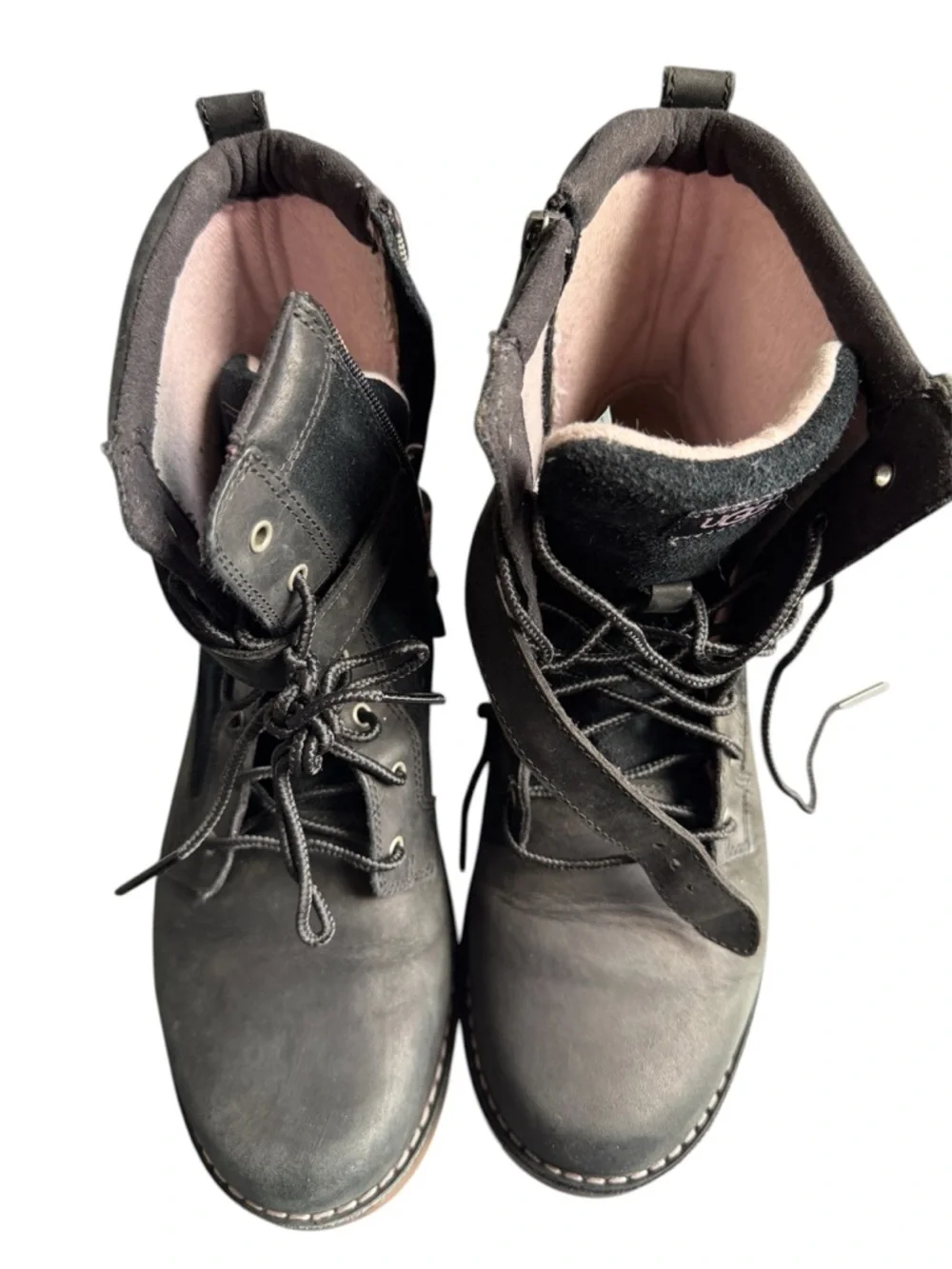 UGG Black Leather Lace-Up Boots with Pink Shearling Lining